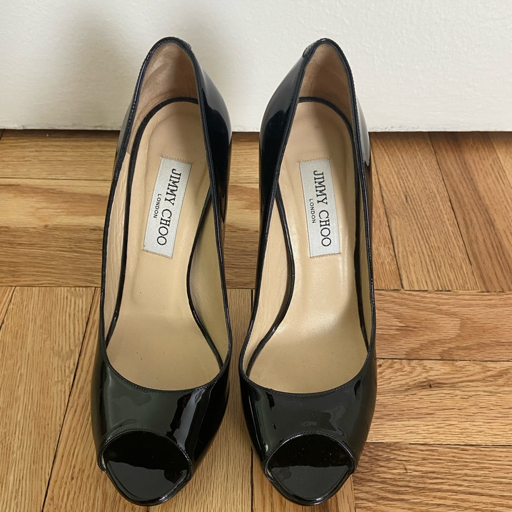 Jimmy Choo patent leather peep toe pumps